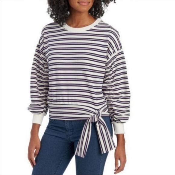 Kensie  Striped Shirred Sleeve Tie Up Top Cropped Sweatshirt - Picture 1 of 7